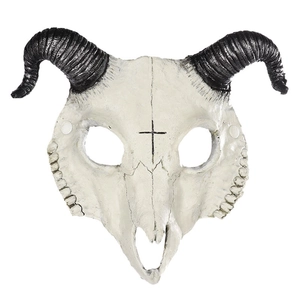 Realistic 3D sheep skull mask with black horns and cross detail for Halloween cosplay
