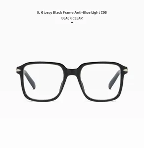 Close-up of black rectangular glasses frames with clear anti-blue light lenses