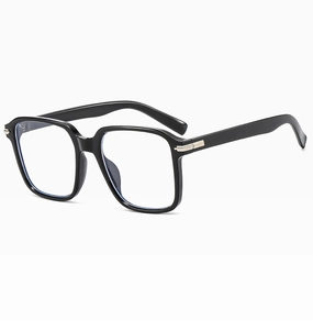 Detail of black square eyewear frame with metallic hinges and blue light filter lenses