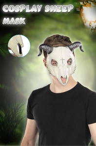 Detail view of 3D sheep skull cosplay mask with black horns and realistic bone texture