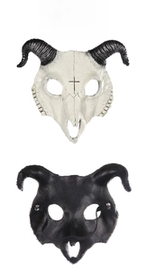 Detailed front and back view of a 3D goat skull mask with black horns and elastic strap