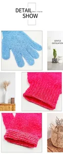 Detailed macro view of exfoliating shower gloves with textured fabric and elastic cuffs