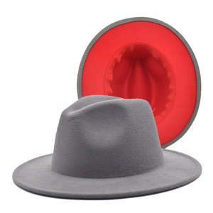 Two-tone grey and red felt fedora hat with a wide brim for stylish men and women