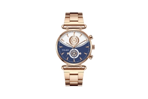 Detailed macro view of the rose gold steel strap and bicolor dial of the women's watch