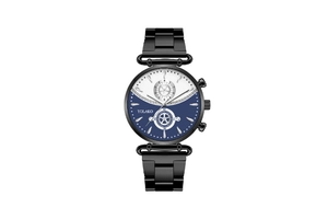 Detail of Yolako men's quartz watch with black metal band and blue-white contrast dial