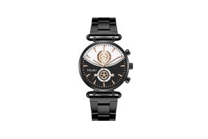Detail of YOLAKO watch showing bicolor black and white dial with rose gold markers