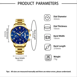 Mens gold steel business quartz watch with blue dial and 42mm case size specifications