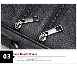 Macro shot of high-quality dark gunmetal alloy zippers on black pebbled leather crossbody bag