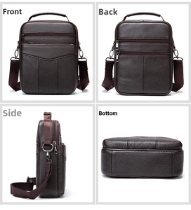 Vertical dark brown leather messenger bag shown from front, back, side, and bottom views