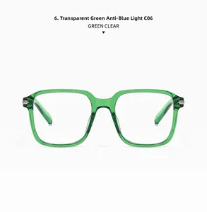 Detail of transparent green square eyeglass frames with anti-blue light clear lenses