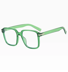Detail of transparent green retro frame with silver metal hinges and size specs