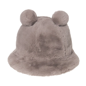 Detailed close-up of grey plush bucket hat with cute bear ears for winter warmth