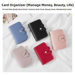 Macro shot of multi-color 26-slot leather card holders with metal snap button closure