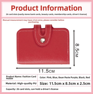 Detail view of red PU leather card holder with 26 slots showing precise 11.5cm dimensions