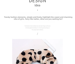 Detailed close-up of a beige velvet scrunchie featuring classic black polka dot pattern