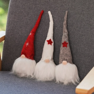 Three festive Christmas gnomes in red, white and grey felt with long plush beards