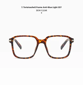 Detailed macro view of the demi tortoiseshell frame and clear anti-blue light lens
