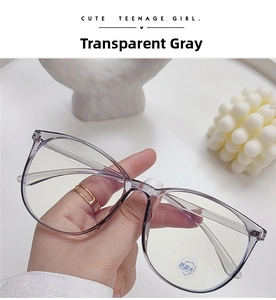 Detail of transparent grey large frame glasses with anti-blue light protective lenses