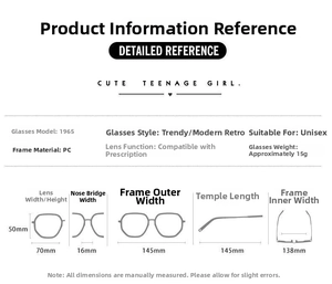 Detailed size chart for PC frame glasses model 1965 with 70mm lens width and 15g weight