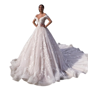 Elegant ivory off-shoulder wedding dress with V-neck lace appliques and long mesh train