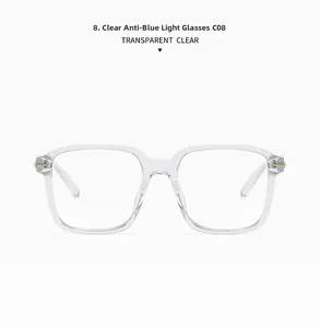 Close-up of transparent square frame glasses with anti-blue light clear lenses