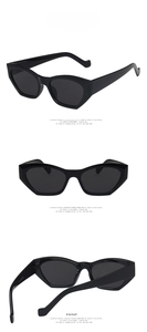 Three-angle views showing front side and back of black irregular cat eye sunglasses
