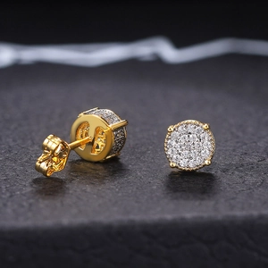 Iced out round pave diamond hip hop earrings with gold plating and butterfly backings
