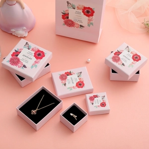 Pink floral jewelry gift box set with matching paper bag and ribbon decorations