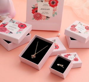 Pink floral jewelry gift box set with matching paper bag and black sponge lining