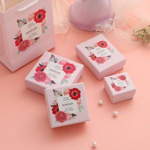 Pink floral jewelry gift box set with matching paper bag and fashion accessories print