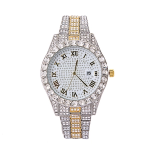 Luxury iced-out women's quartz watch with date display and roman numerals in gold and silver