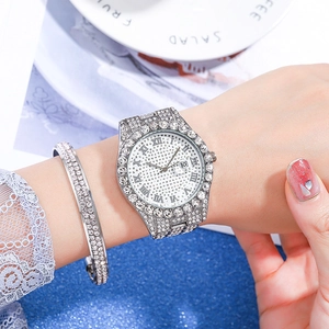 Luxury iced-out silver watch and bracelet set with full crystal rhinestones and date display