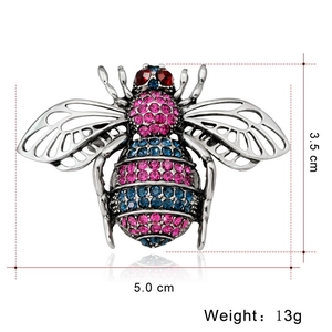 Detail of vintage bee brooch with pink blue rhinestones and dimensions 5.0cm x 3.5cm