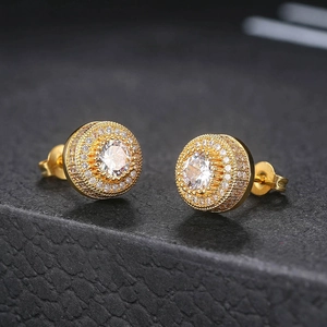 Classic gold hip hop stud earrings with double halo pavé cubic zirconia on black leather