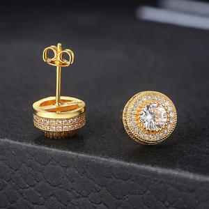 Iced out gold round stud earrings with pave micro-set cubic zirconia in S925 silver