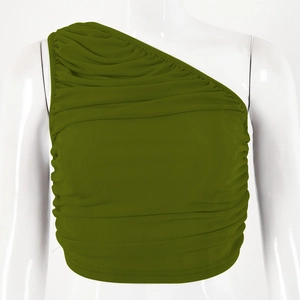 Close-up of olive green one-shoulder crop top with elegant pleated design on mannequin