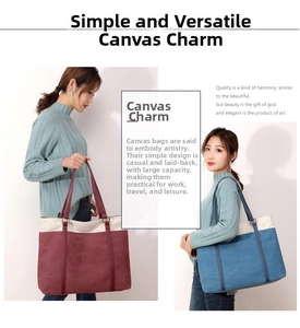 Detail of color-block canvas tote bags in burgundy and blue with large capacity design