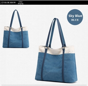 Detailed views of sky blue canvas tote bag with cream panels and contrast straps