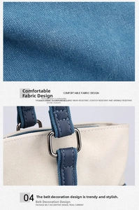 Detail of durable canvas tote with blue synthetic leather straps and silver metal hardware