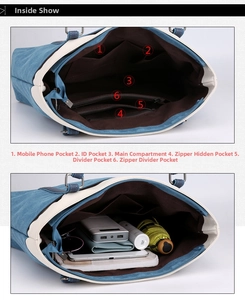 Detail view of canvas tote bag interior with multiple organizational pockets and compartments