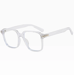 Detail view of transparent TR90 eyewear frame with high-quality metal hinges and size specs
