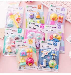Detailed close-up of colorful themed assembled erasers in creative packaging sets