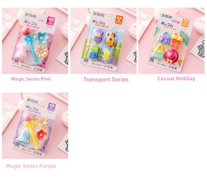 Close-up of assorted fun 3D erasers including magic wands, cars, and themed sets