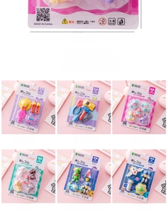Detail of 6 creative erasable cartoon eraser sets for kids in blister packaging