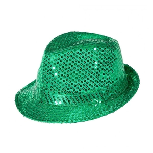 Close-up of green sequined St. Patrick's Day fedora with silk ribbon on white background