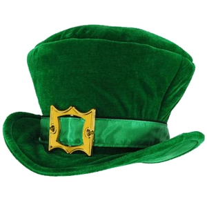 Detail view of St. Patrick's Day green velvet top hat featuring a golden buckle strap