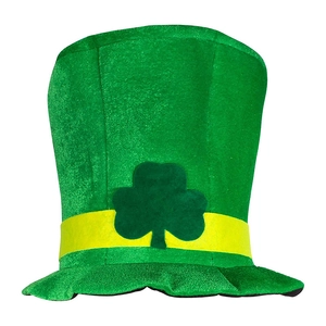 Close-up of green velvet St. Patrick's Day top hat with yellow band and clover detail