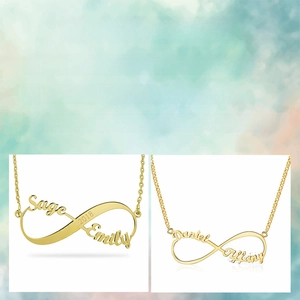 Detail showing infinity symbol name necklace in gold, silver, and rose gold finishes