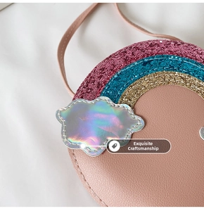 Detailed view of pink rainbow sequin crossbody bag with holographic cloud for little girls