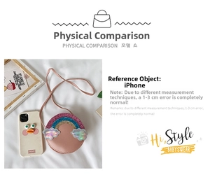 Detailed size comparison of a pink rainbow crossbody bag next to an iPhone for children